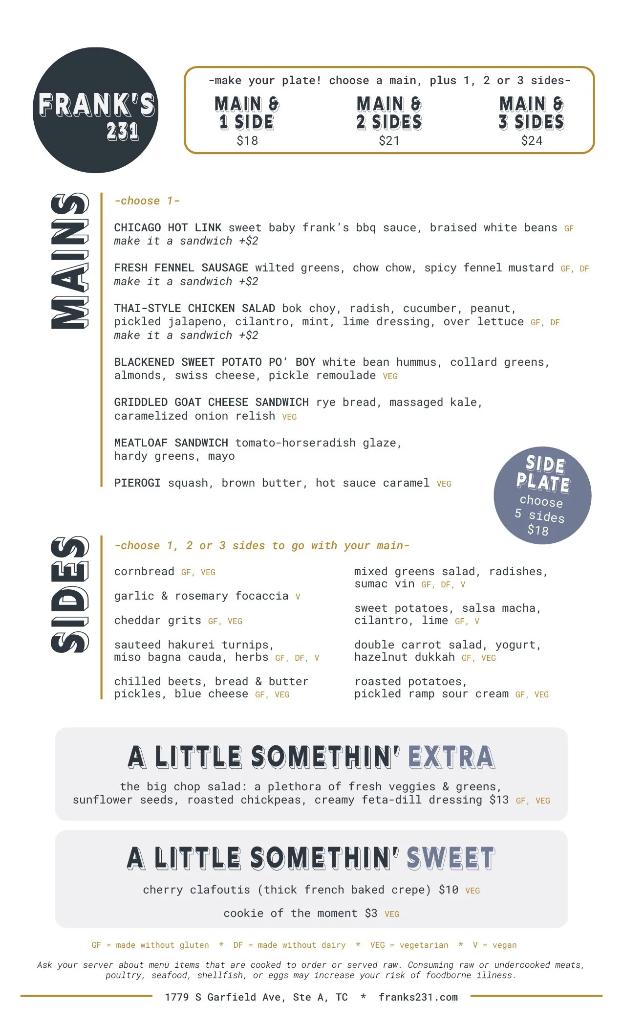 Dine-In Menu — Frank's 231 | Traverse City, MI